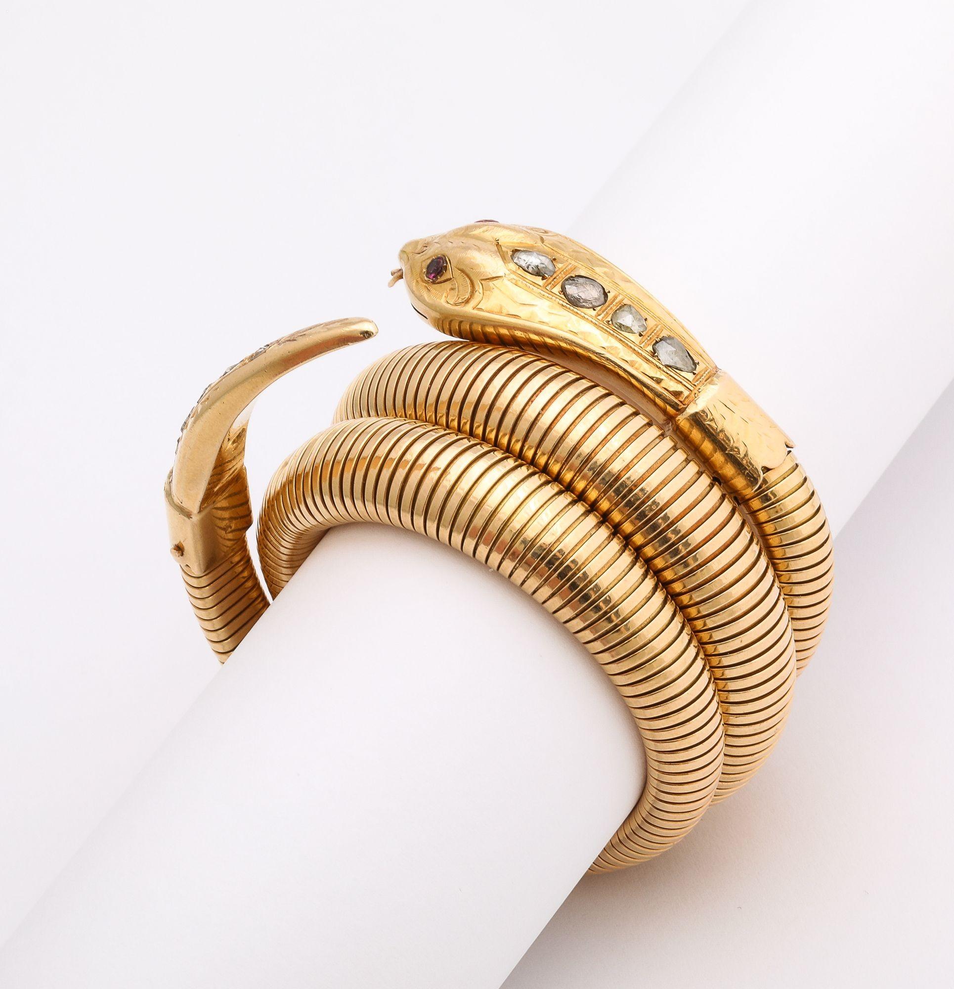 French Retro Gold Snake/Serpent Wrap Bracelet with Rose Diamond Head and Tail For Sale 4