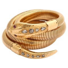 Bracelet portefeuille rétro français serpent/serpent en or avec tête et queue en diamants roses