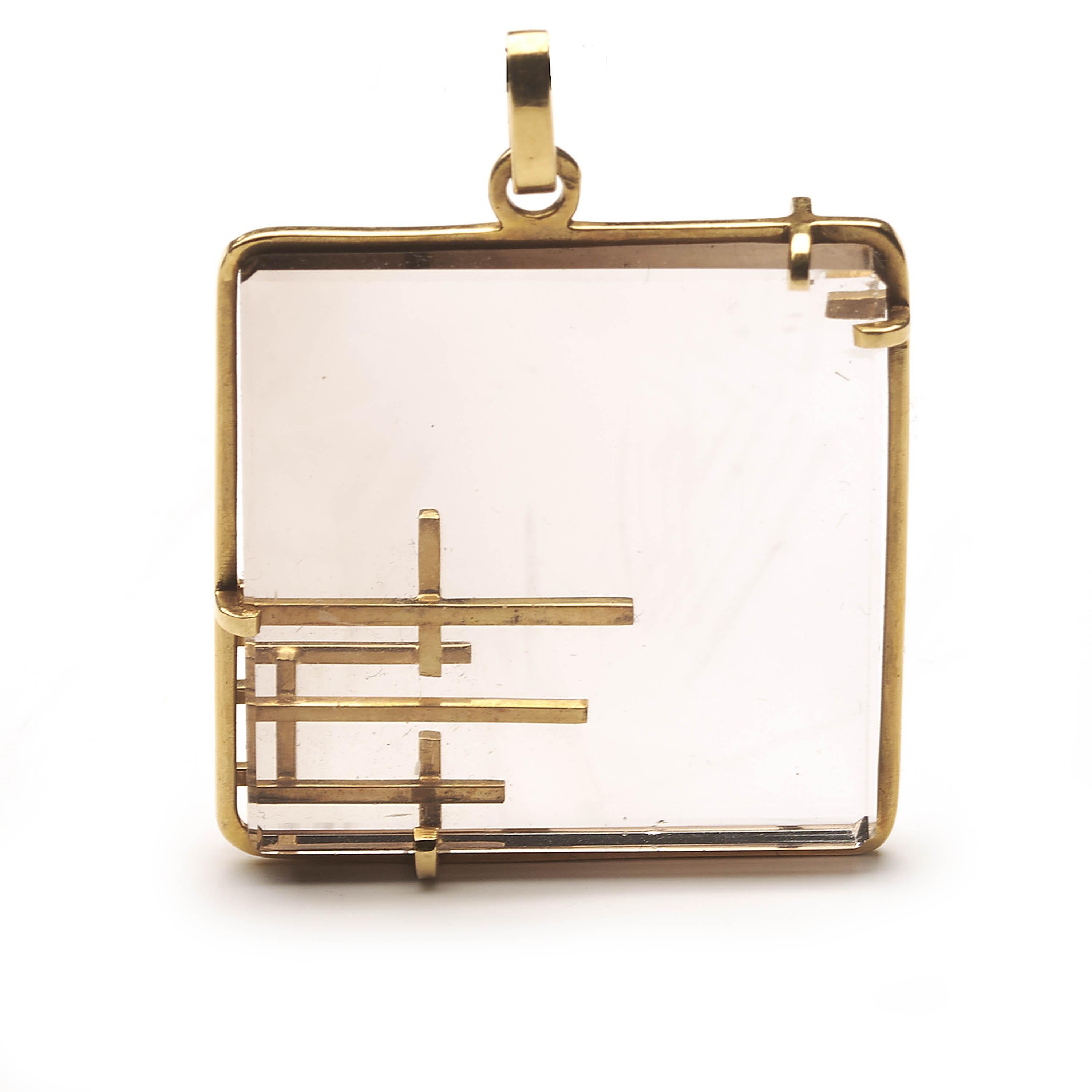 Square Cut French Retro Modernist Smoky Quartz and Gold Pendant, circa 1970 For Sale