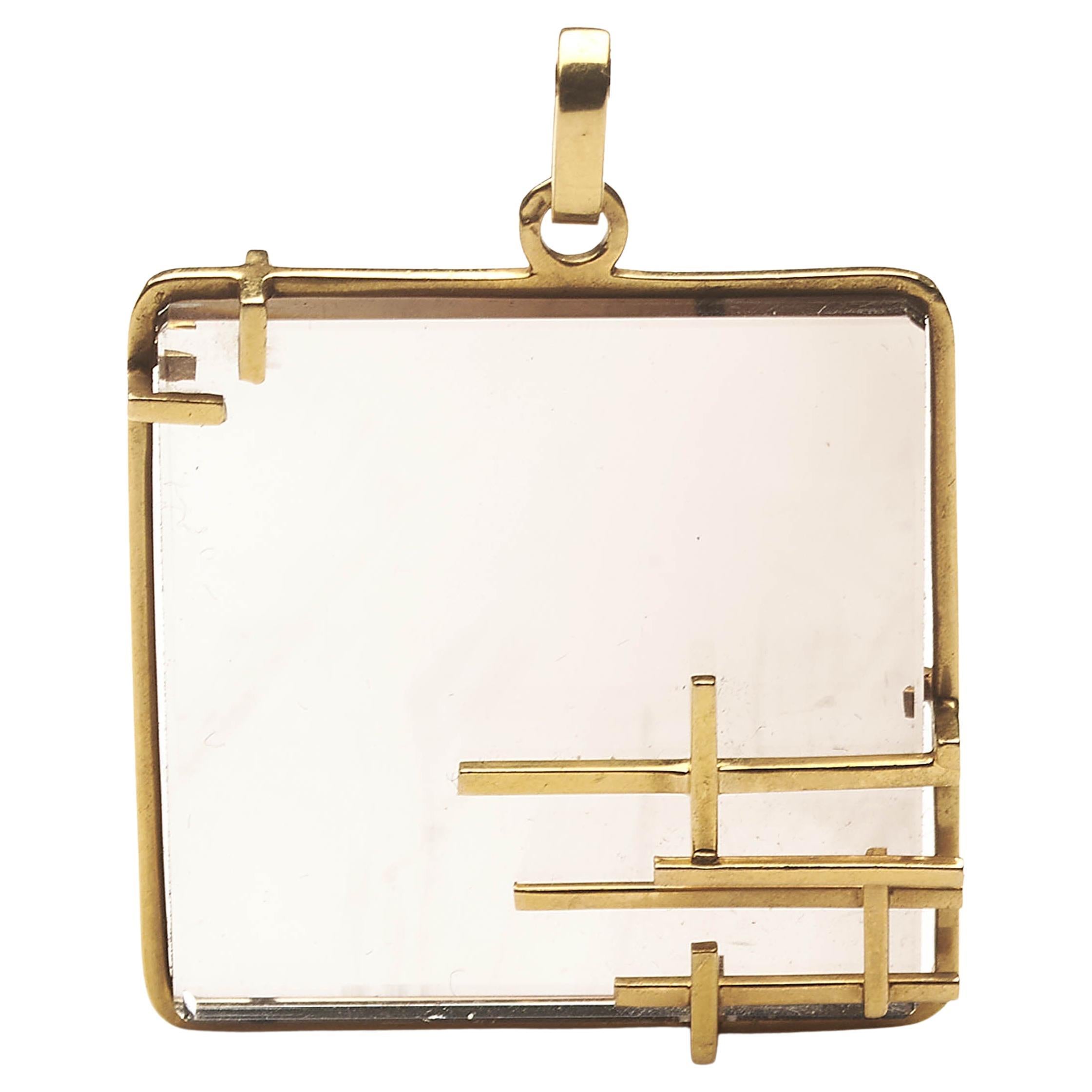 Pendentif rétro moderniste français en quartz fumé et or, circa 1970