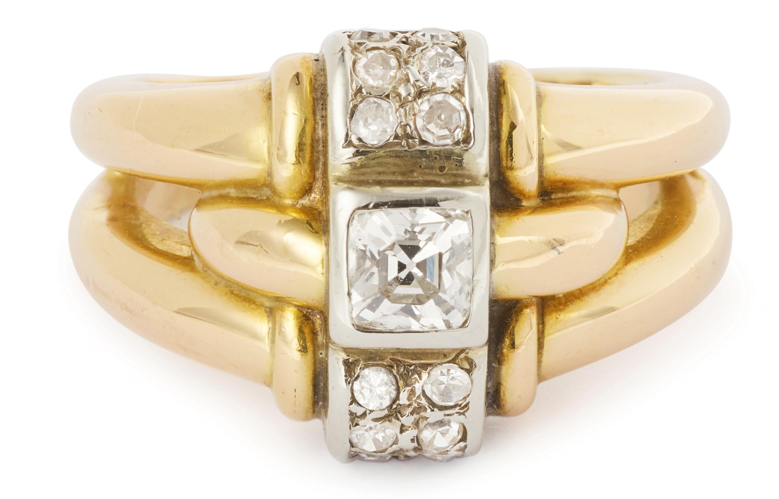 Women's or Men's French Retro Old Cut Cushion Diamond 18 Karat Yellow Gold and Platinum Ring