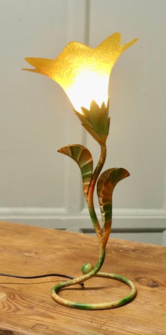 French Retro Painted Toleware Lilly Pad Table Lamp