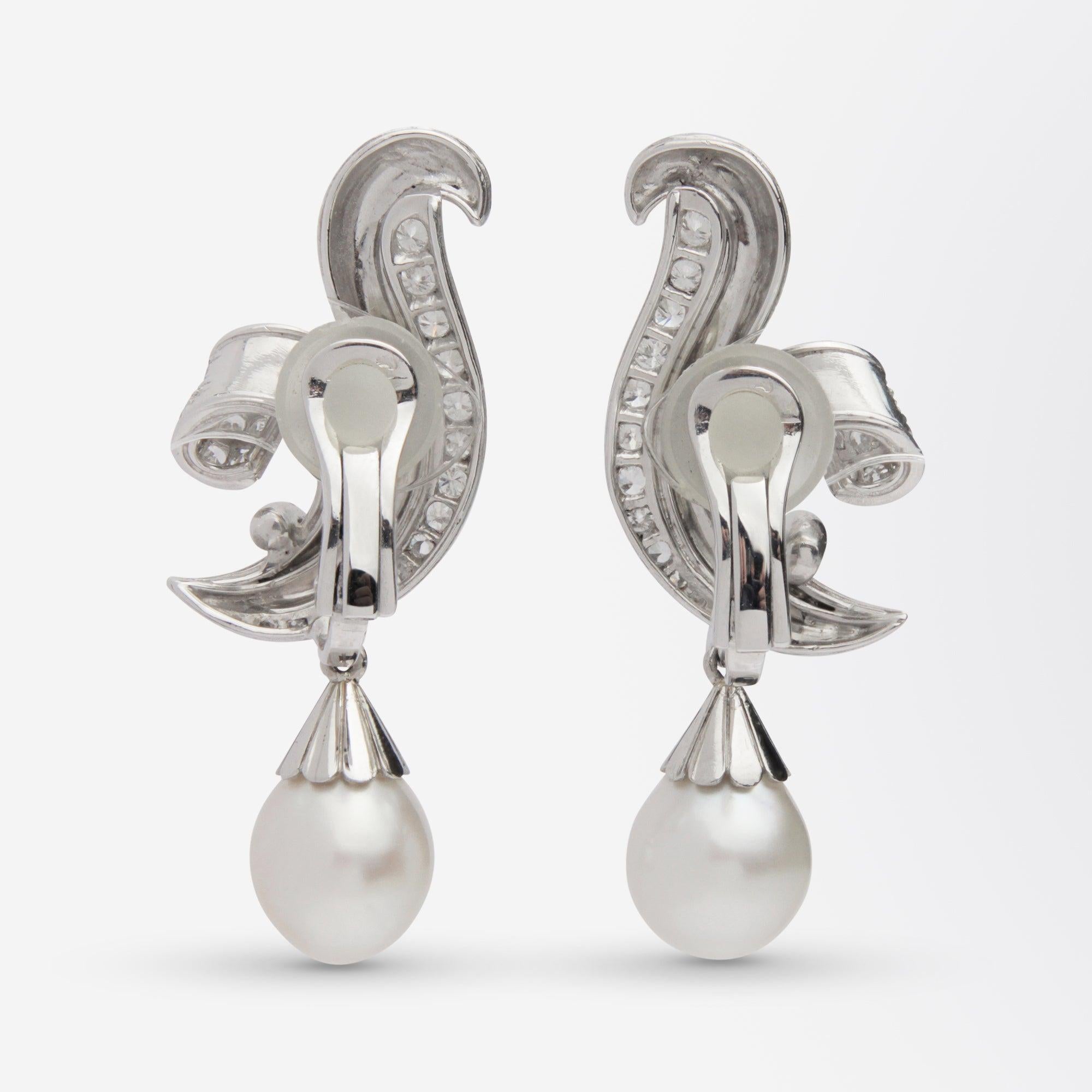 Single Cut French Retro Period Platinum, Pearl, and Diamond Drop Earrings For Sale