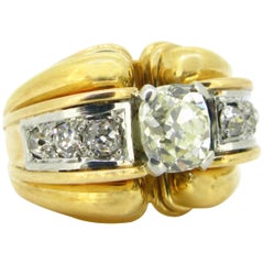 French Retro Ribbed Diamonds Yellow Gold and Platinum Cocktail Ring