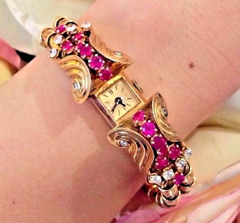 French Retro Ruby and Diamond Bracelet Watch in 18k Rose Gold In Good Condition For Sale In La Jolla, CA