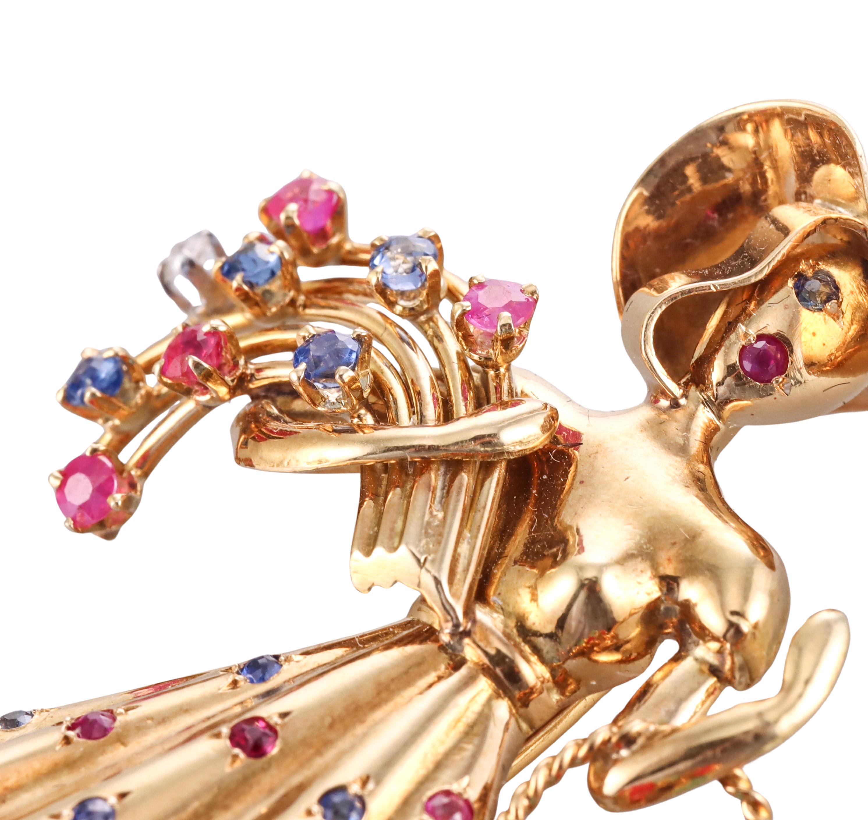 Französisch Retro Rubin Saphir Koralle Diamant Chrysopras Gold Dame mit einem Korb Bro im Zustand „Hervorragend“ im Angebot in New York, NY
