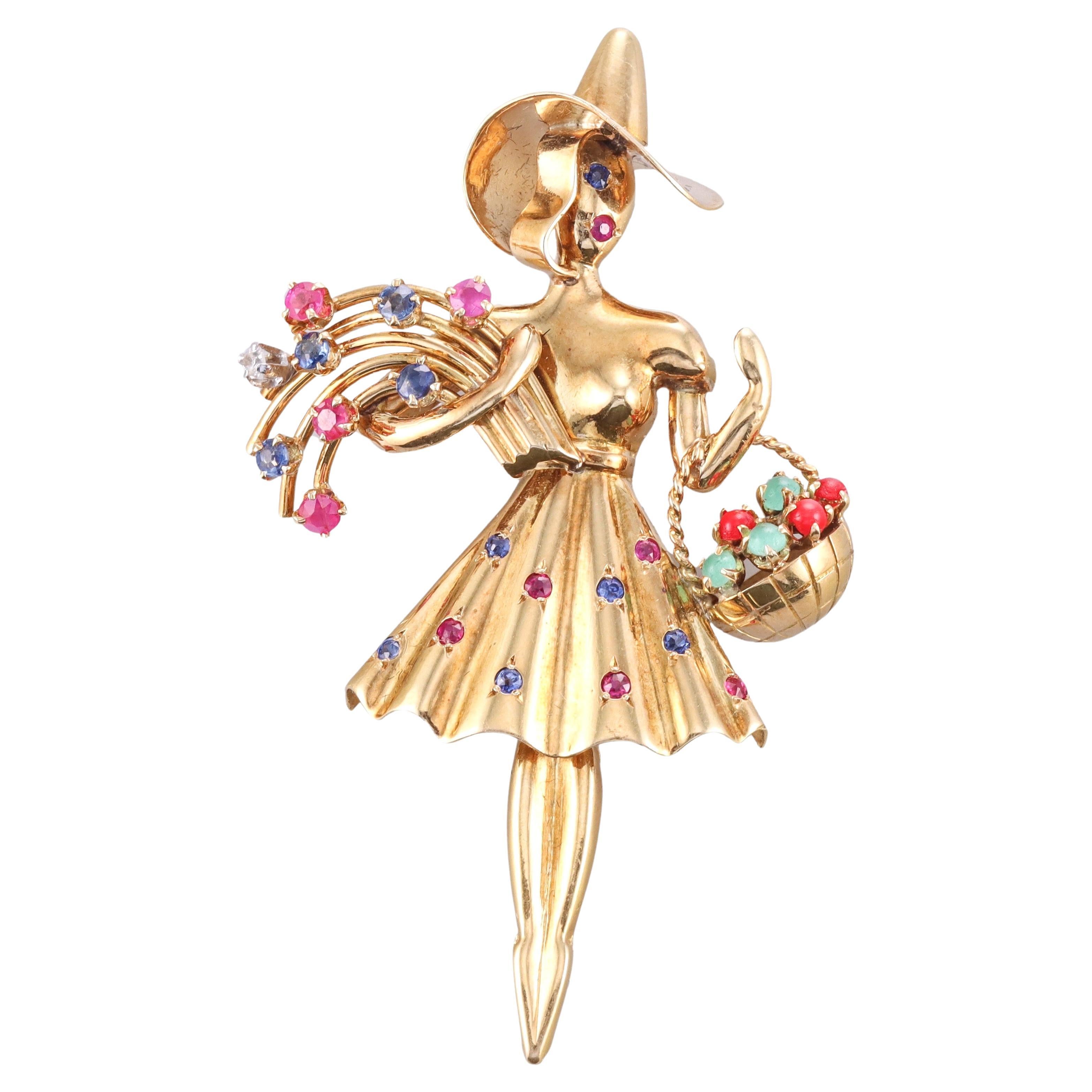 Französisch Retro Rubin Saphir Koralle Diamant Chrysopras Gold Dame mit einem Korb Bro im Angebot