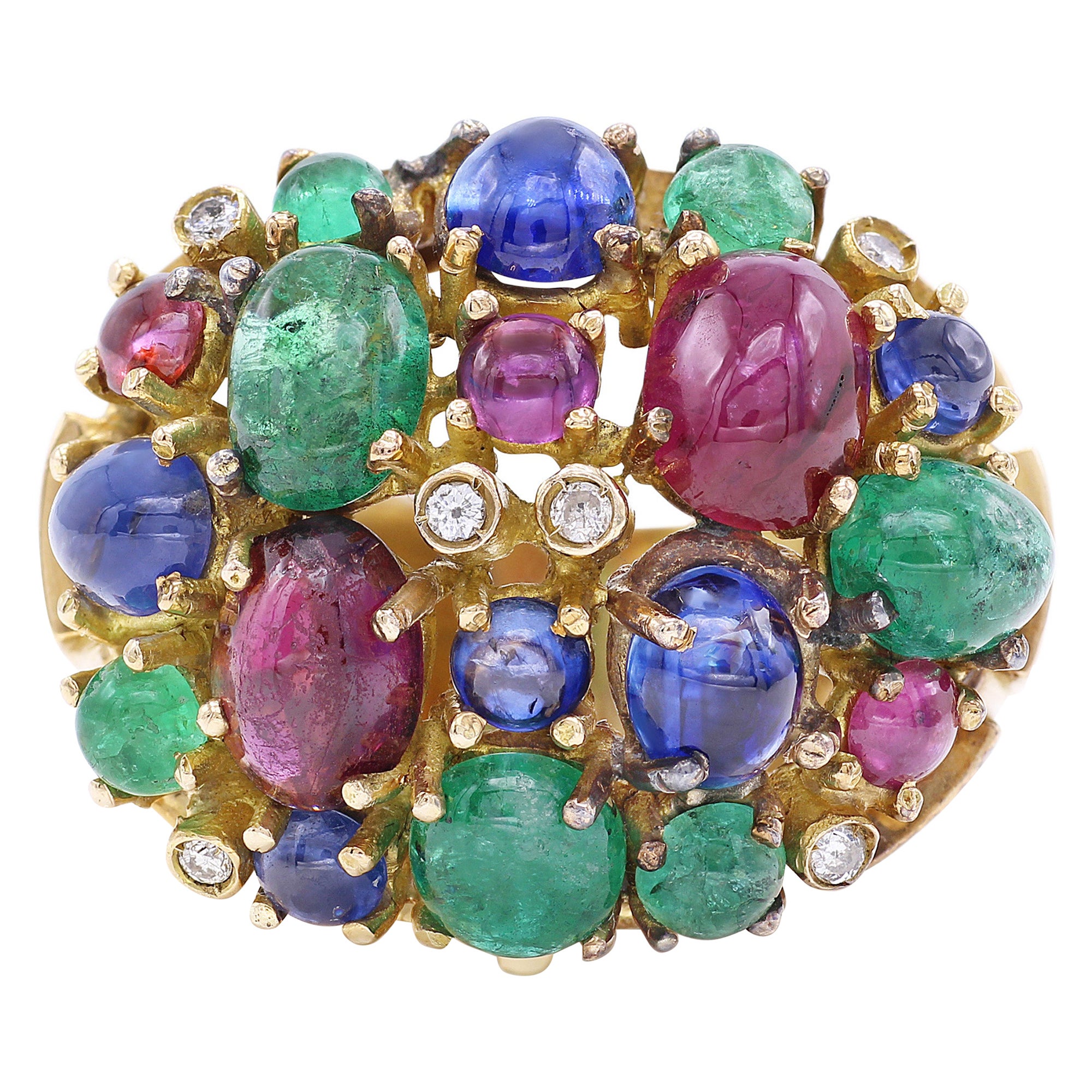 18 Karat Gold Ring, französischer Retro, Tutti Frutti von Rubin, Saphir, Smaragd und Diamant