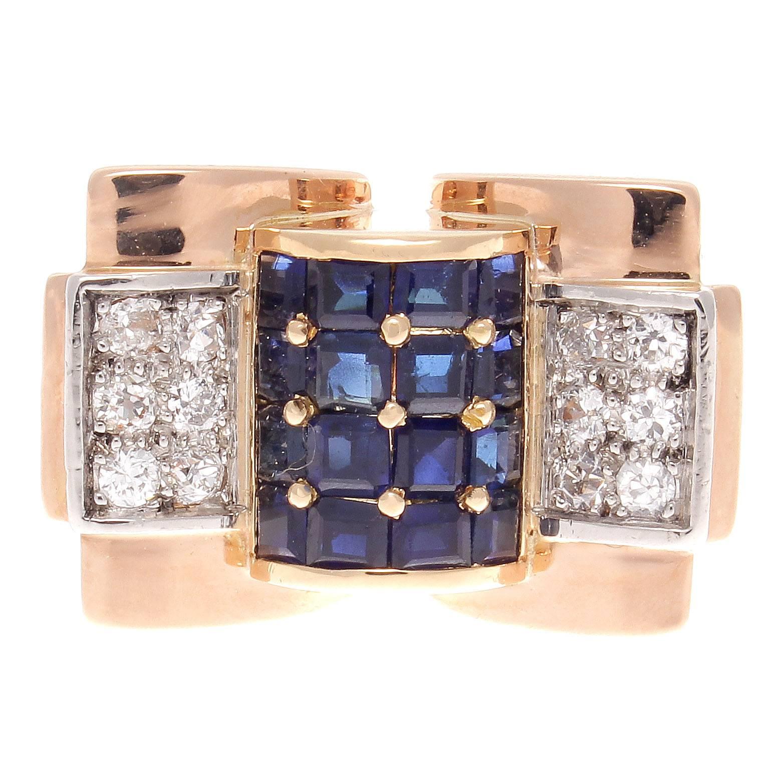 French Retro Sapphire Diamond Rose Gold Ring