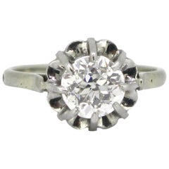 French Retro Solitaire Diamond Ring, 18kt White Gold and Platinum, by Giboulet