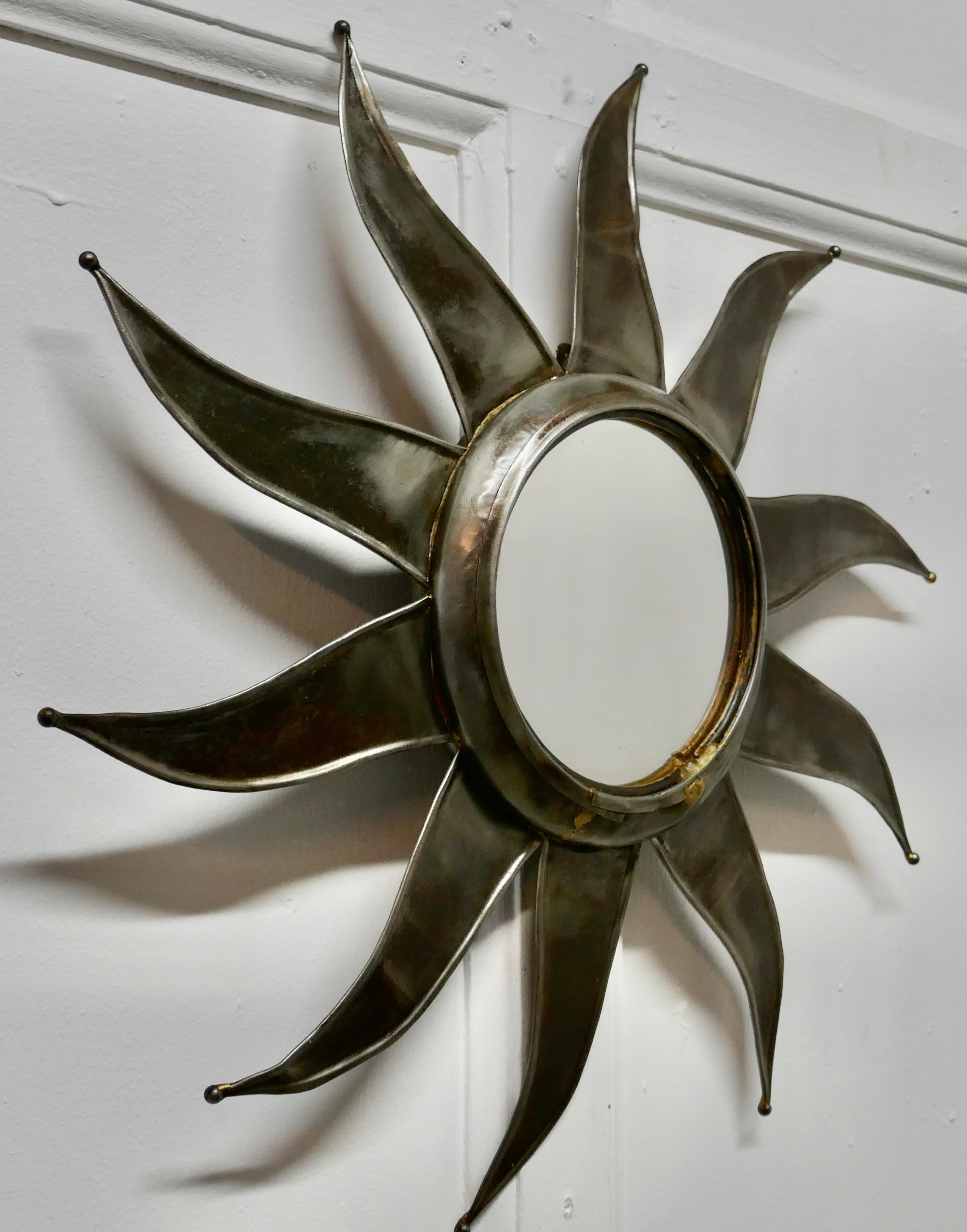Mid-Century Modern French Retro Sunburst Industrial Look Polished Steel Mirror For Sale