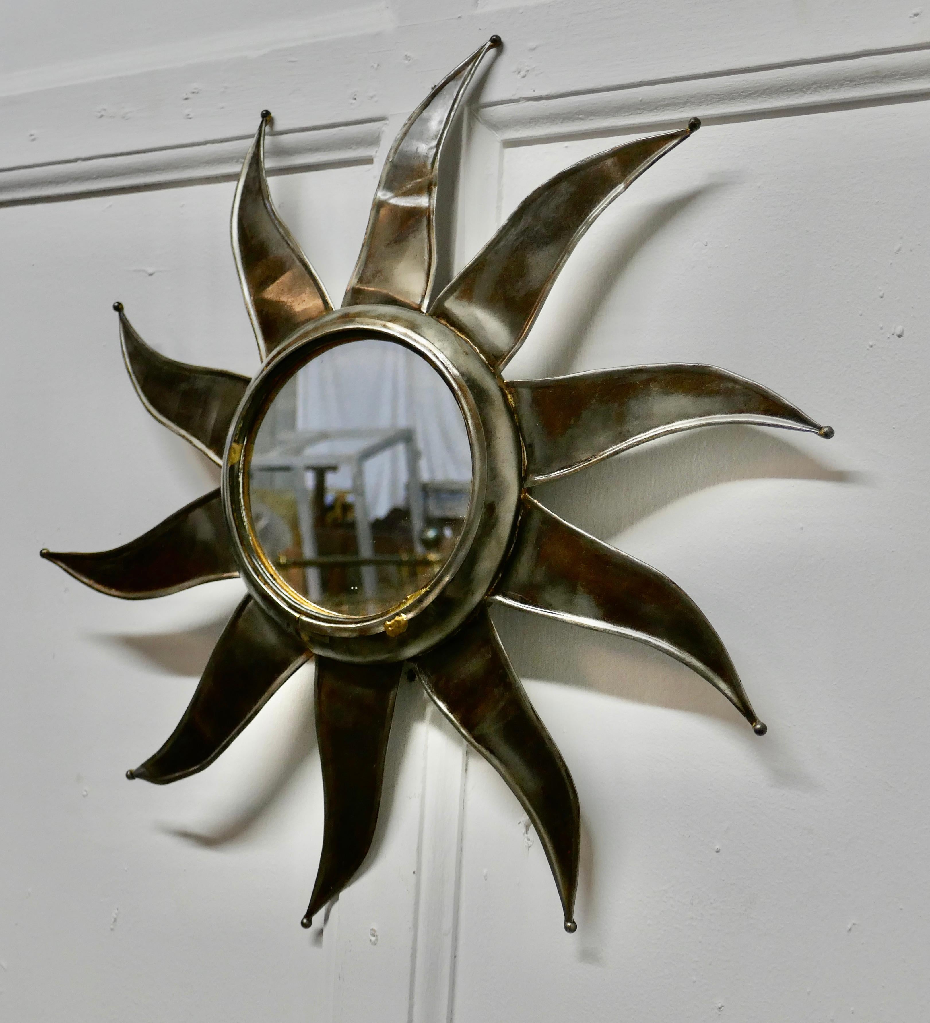 French Retro Sunburst Industrial Look Polished Steel Mirror In Good Condition For Sale In Chillerton, Isle of Wight