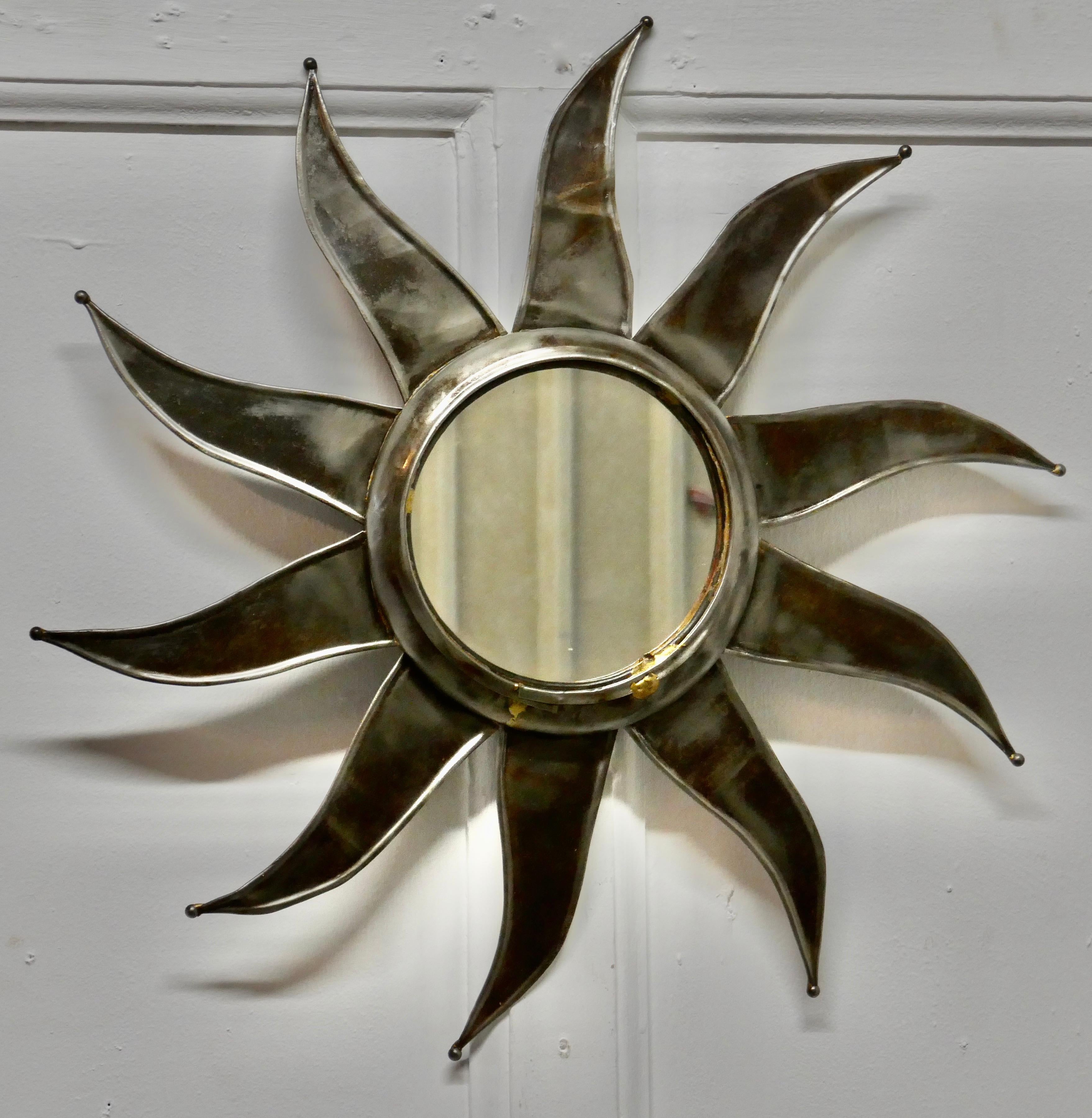 20th Century French Retro Sunburst Industrial Look Polished Steel Mirror For Sale