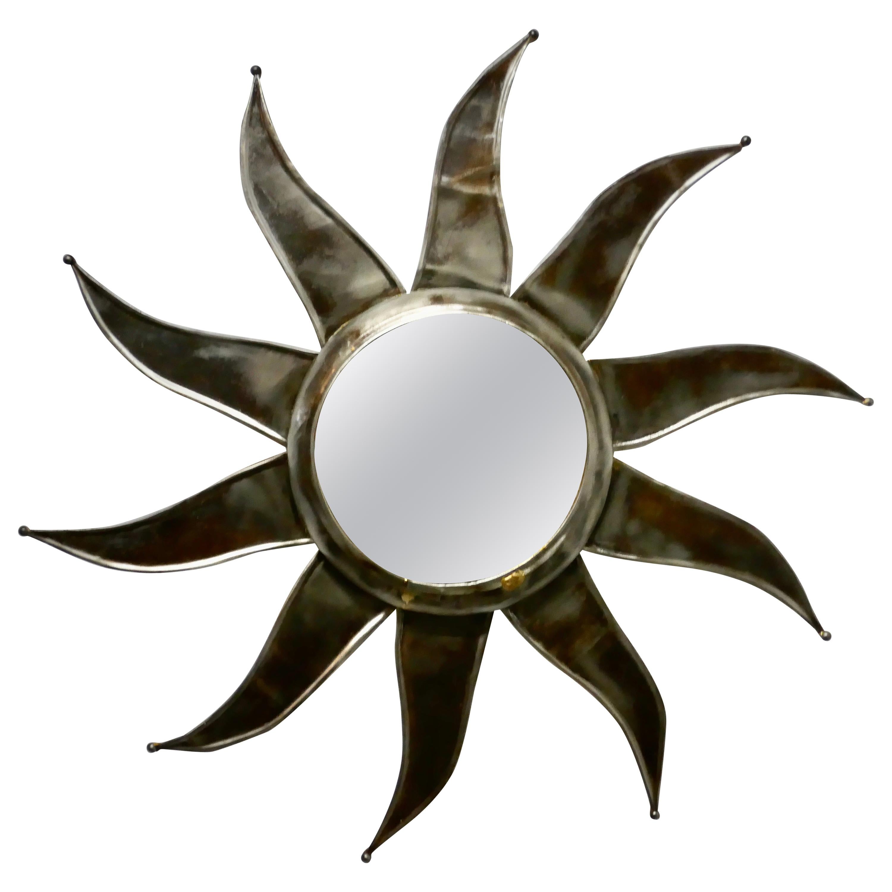 French Retro Sunburst Industrial Look Polished Steel Mirror For Sale