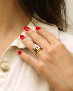French Retro Tank Ring Diamonds Synthetic Rubies 18K Gold Platinum circa 1945