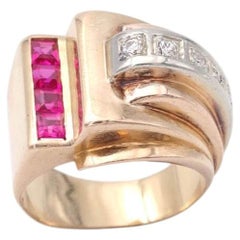 French Retro Tank Ring Diamonds Synthetic Rubies 18K Gold Platinum circa 1945