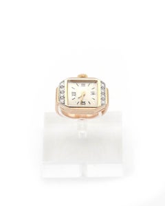 French Retro tank watch ring in 18k gold and diamond