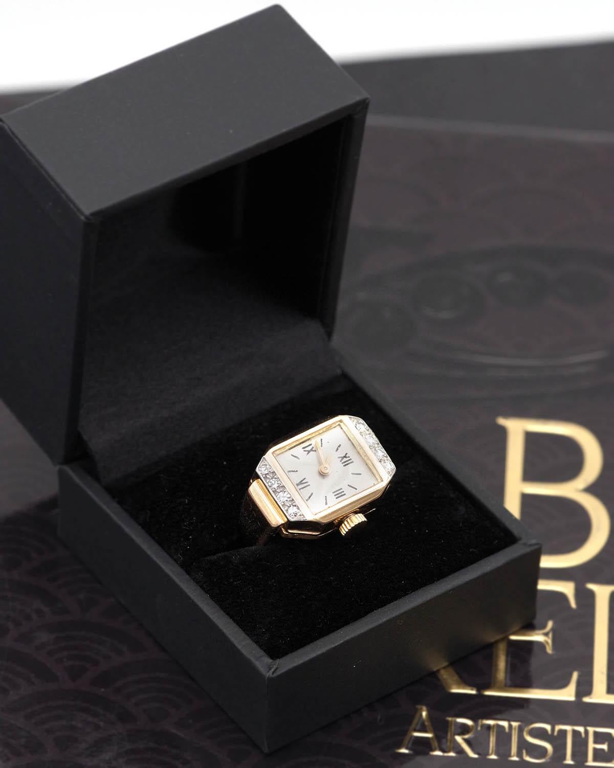 Rose Cut French Retro tank watch ring in 18k gold and diamond For Sale