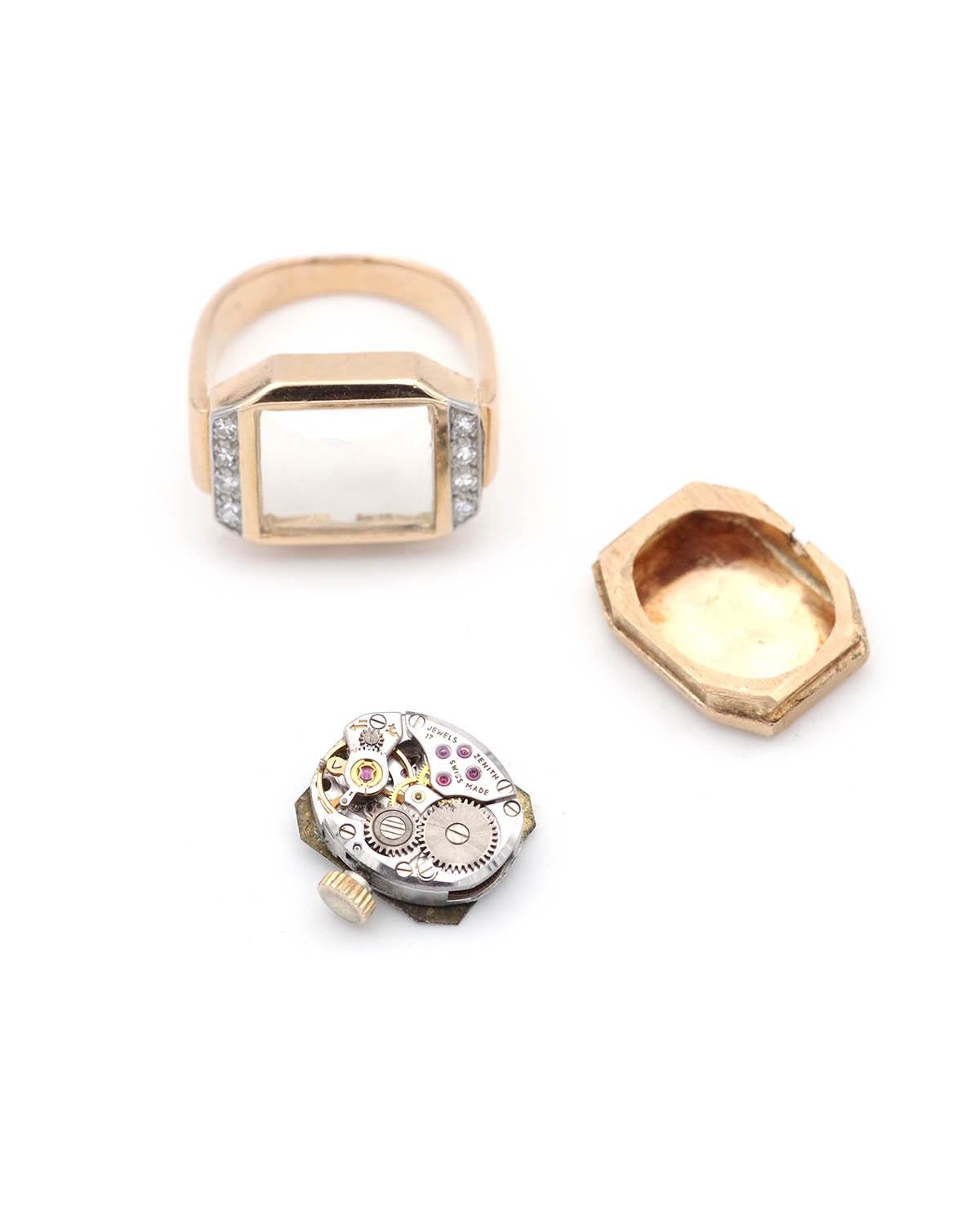 French Retro tank watch ring in 18k gold and diamond For Sale 1