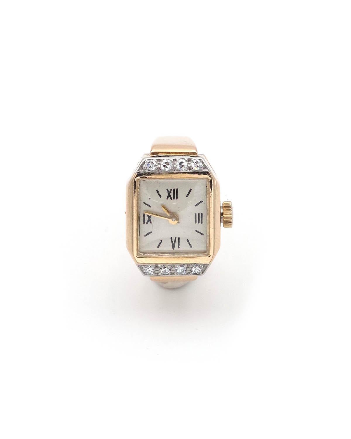French Retro tank watch ring in 18k gold and diamond For Sale 2