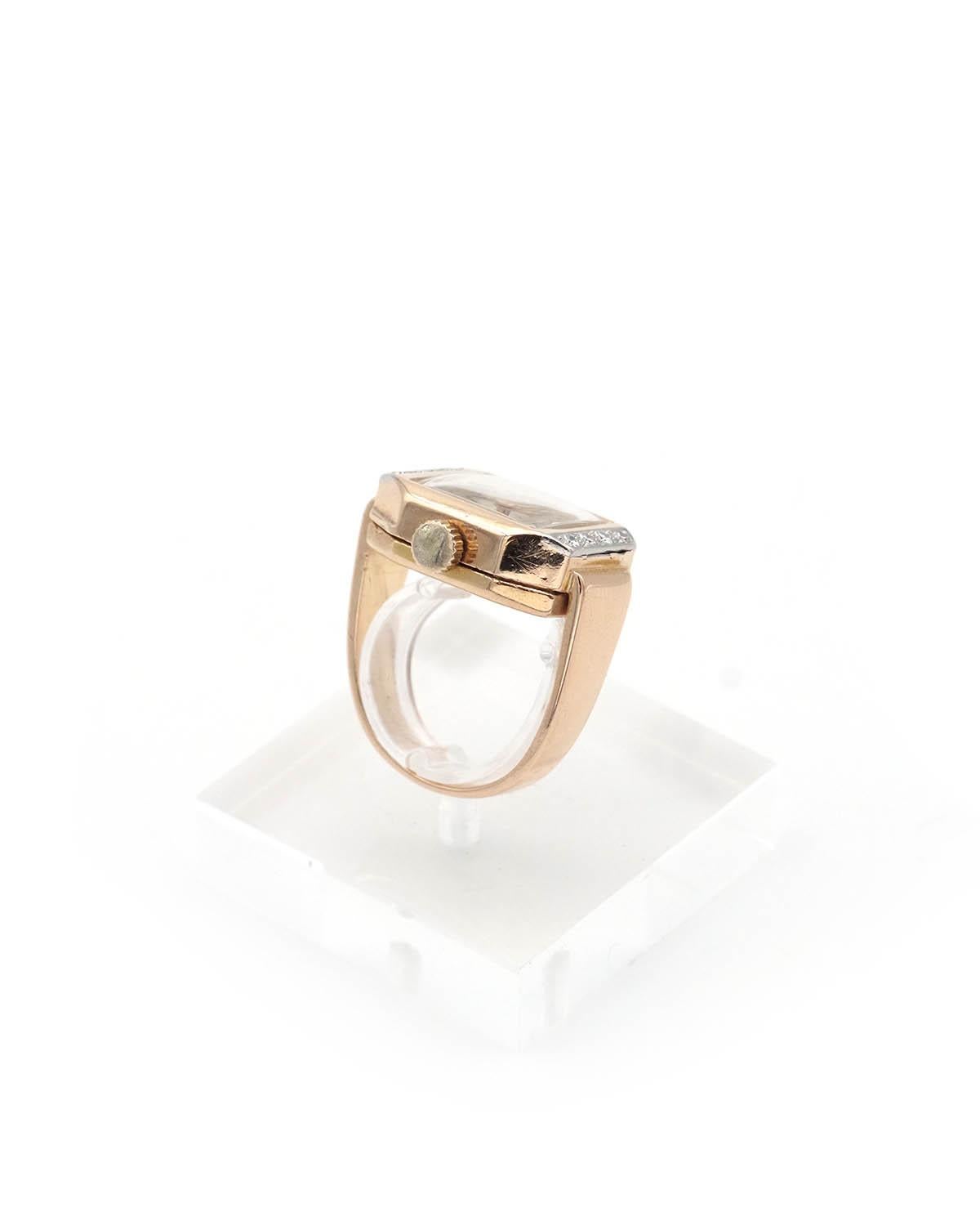 French Retro tank watch ring in 18k gold and diamond For Sale 3
