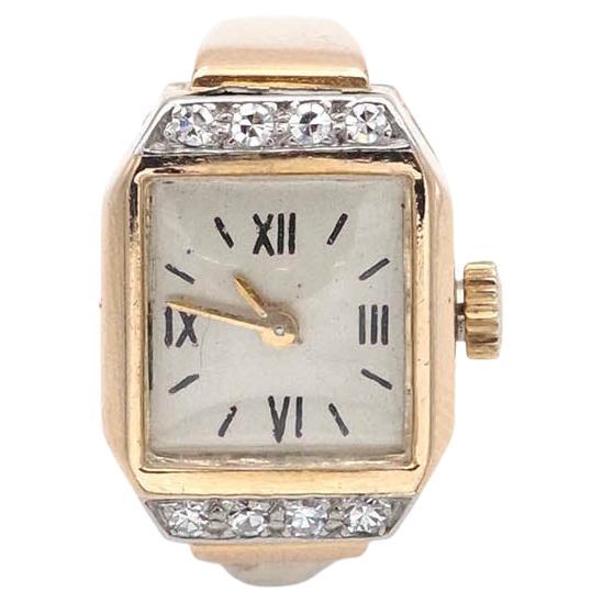 French Retro tank watch ring in 18k gold and diamond