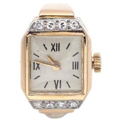 Anillo reloj tanque retro francés en oro de 18 quilates y diamante