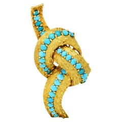 French Retro Turquoise 18 Karat Yellow Gold Knot Brooch