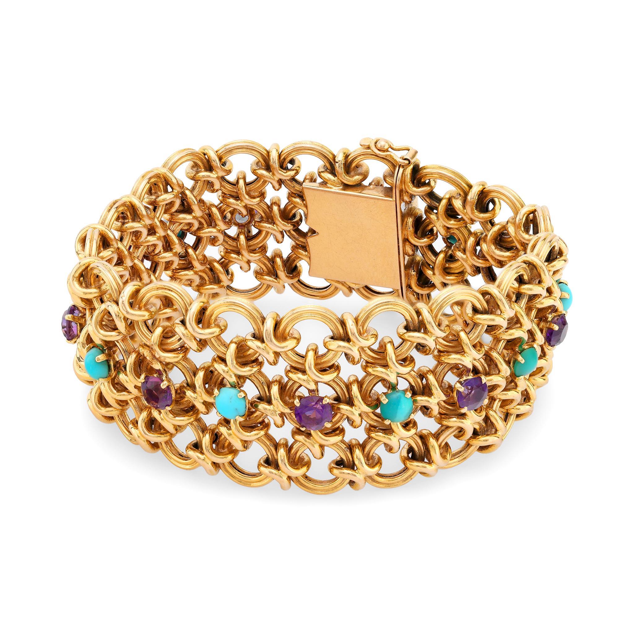 Cabochon French retro turquoise amethyst 18k yellow gold bracelet
