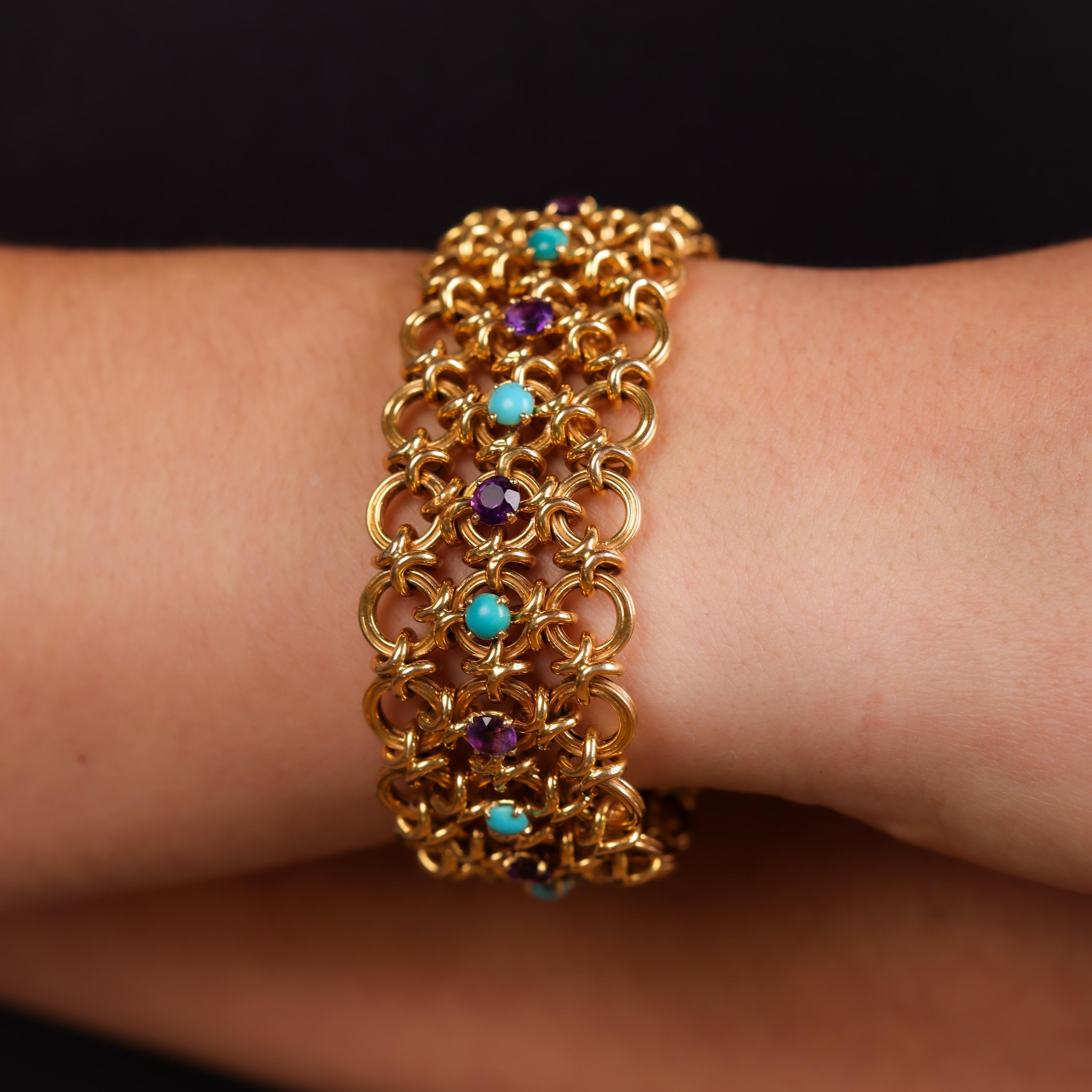 French retro turquoise amethyst 18k yellow gold bracelet In Excellent Condition In Beverly Hills, CA