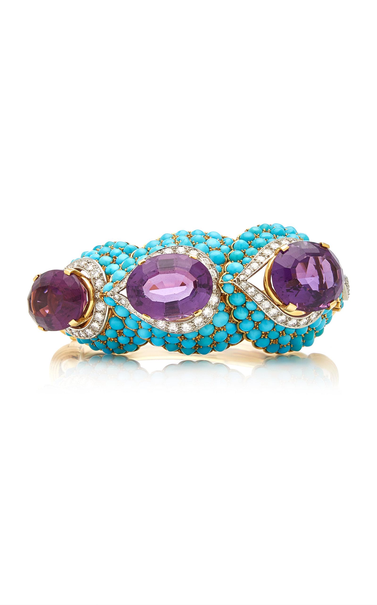 French Retro Turquoise Amethyst Diamond Gold Bracelet In Good Condition For Sale In New York, NY