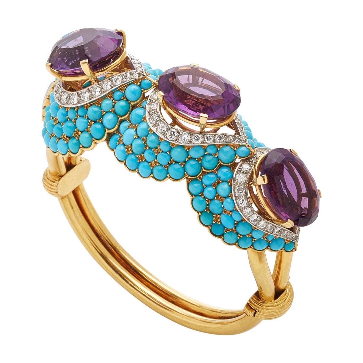 Bracelet rétro français en or avec turquoises, améthystes et diamants