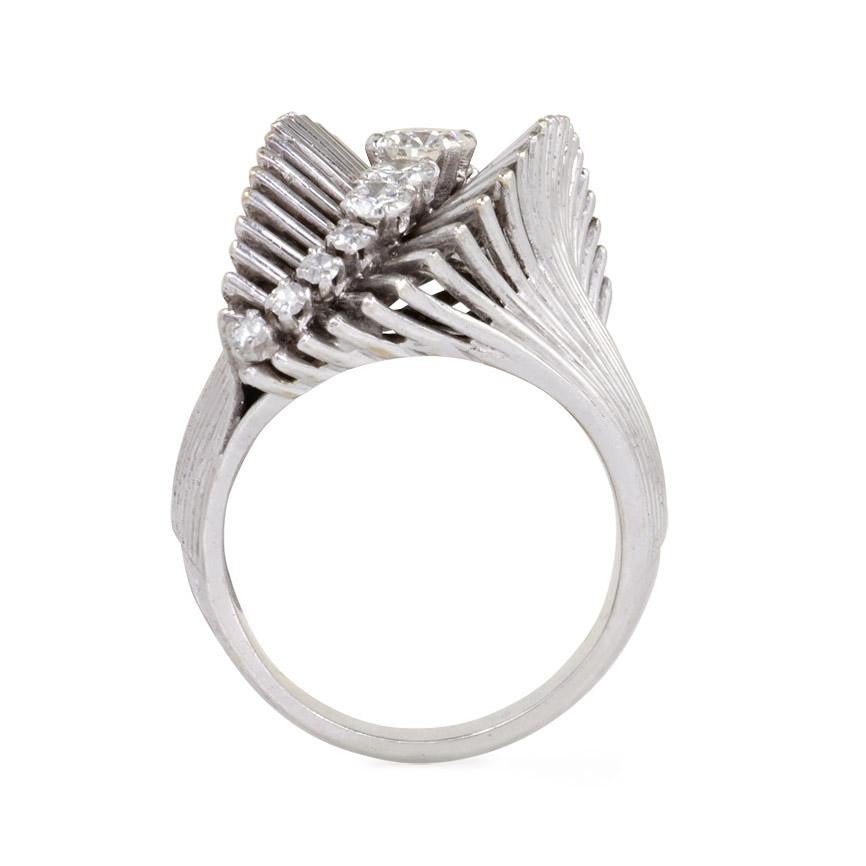 Round Cut French Retro White Gold and Diamond Ring of Flared and Swirl Design For Sale