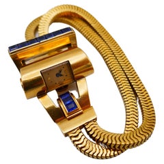French Vintage Yellow Gold Sapphire Snake Watch Bracelet