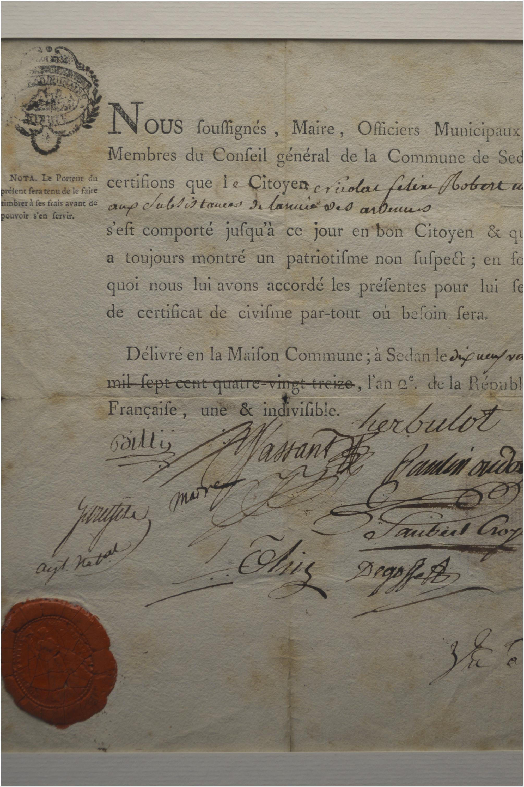 Document 1:

Certificate of citizenship of the Municipality of Sedan granted to Citizen Robert

Dated March 9, 1794, Year II of the Republic

In the left margin: 