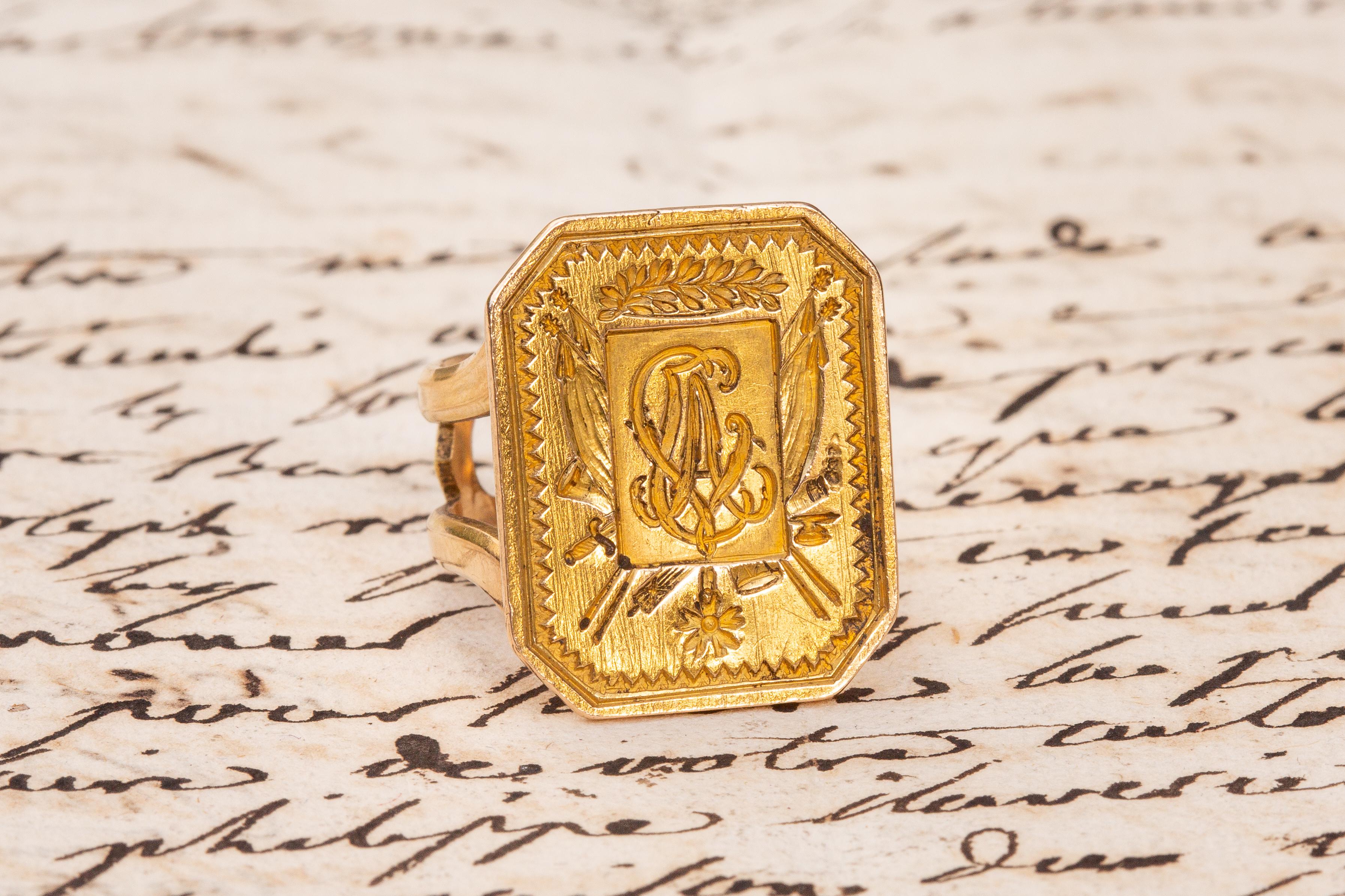 French Revolution Antique Gold Intaglio Signet Seal Ring First Empire Sceau 5