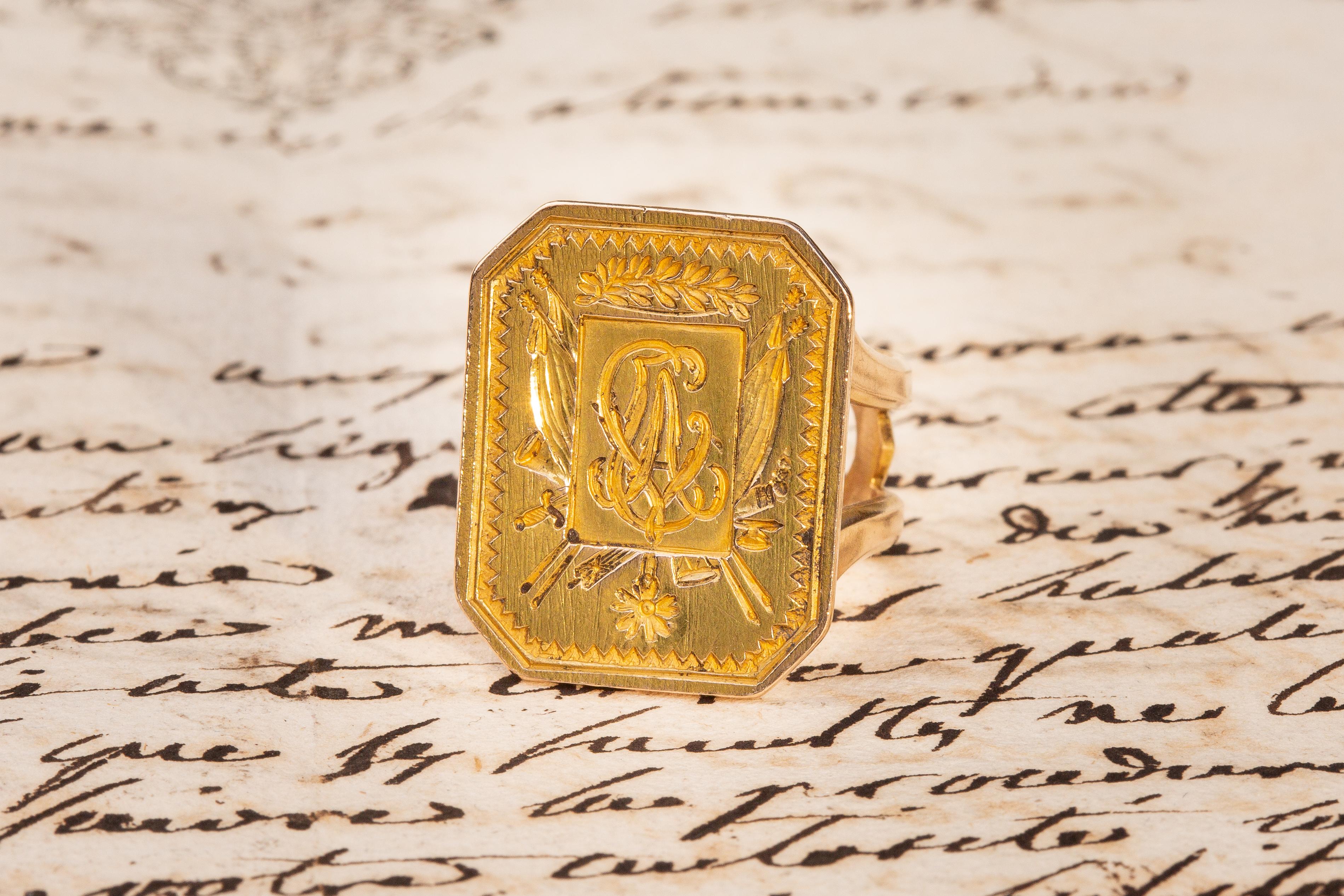 French Revolution Antique Gold Intaglio Signet Seal Ring First Empire Sceau 6