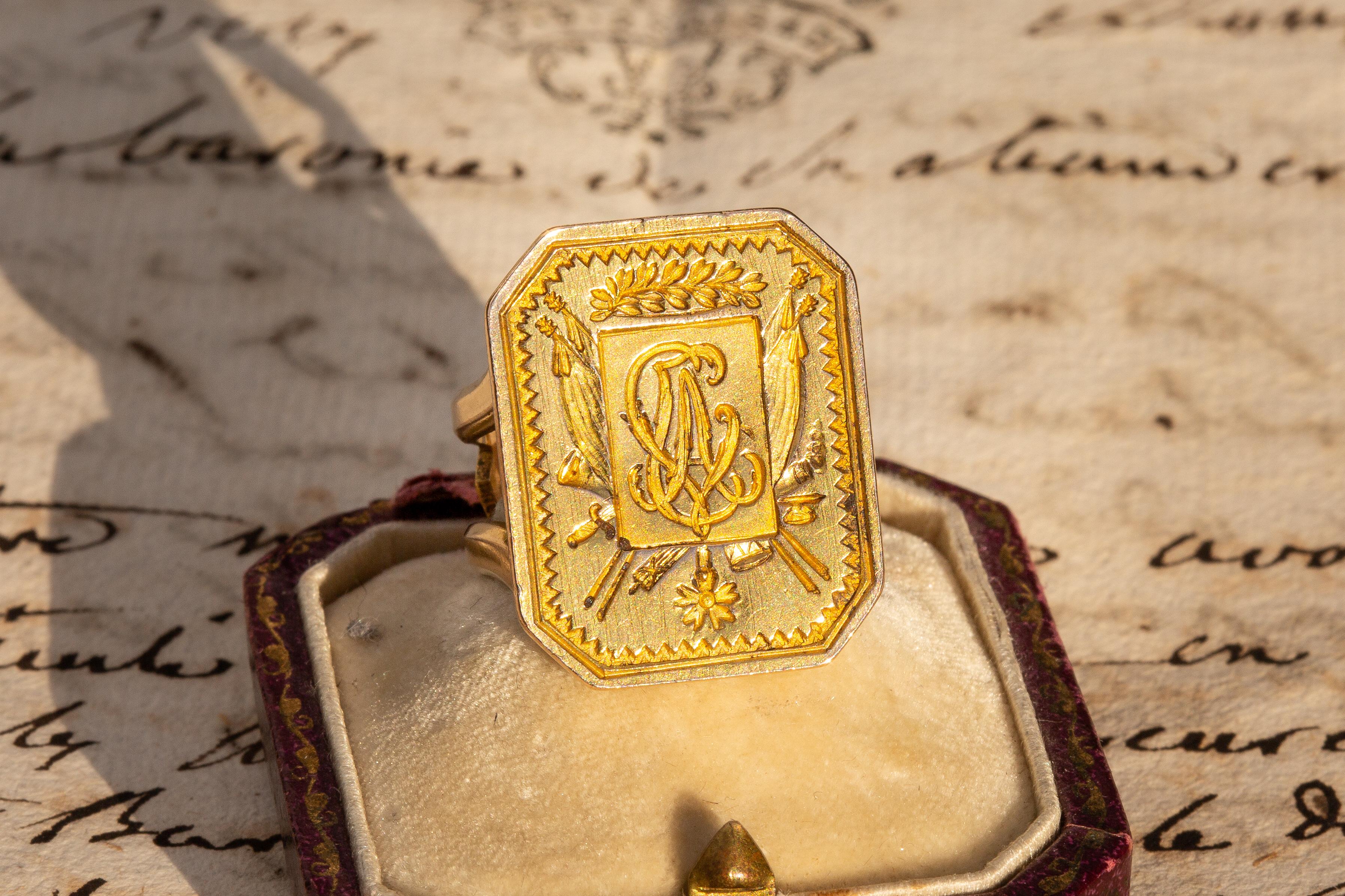 French Revolution Antique Gold Intaglio Signet Seal Ring First Empire Sceau 7