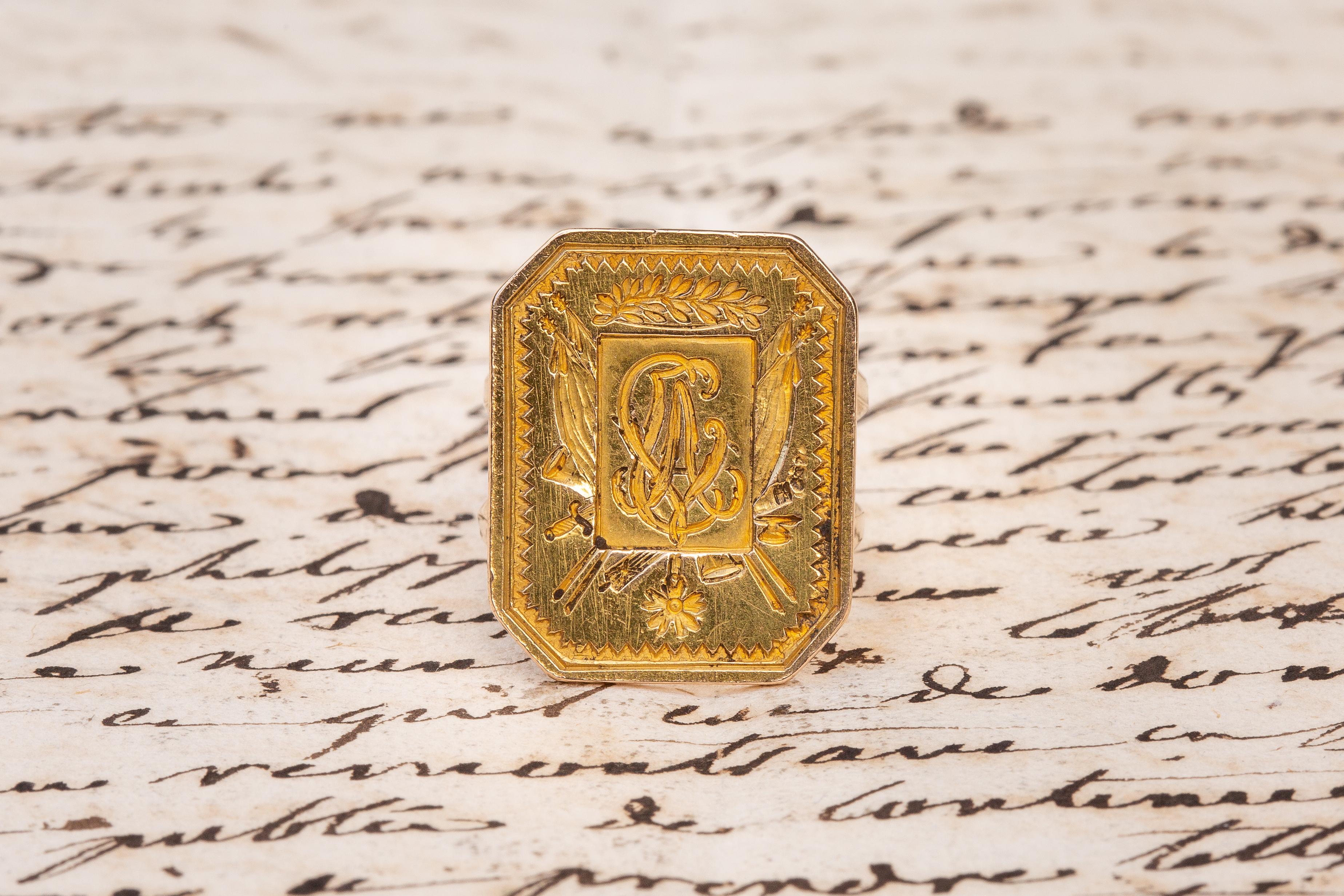 Women's or Men's French Revolution Antique Gold Intaglio Signet Seal Ring First Empire Sceau