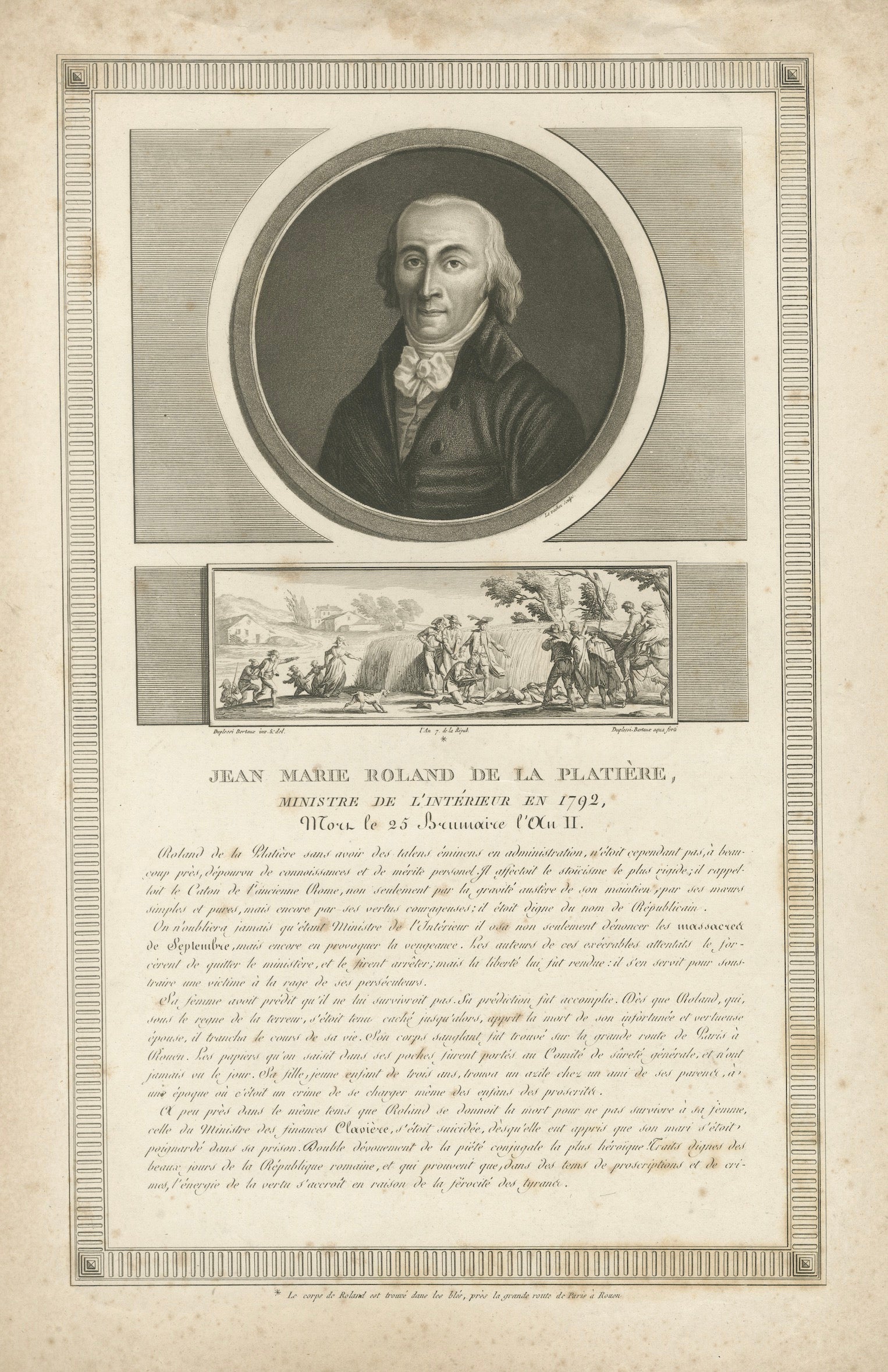 French Revolution Portrait of Roland, Girondist Minister, 1793 Engraving