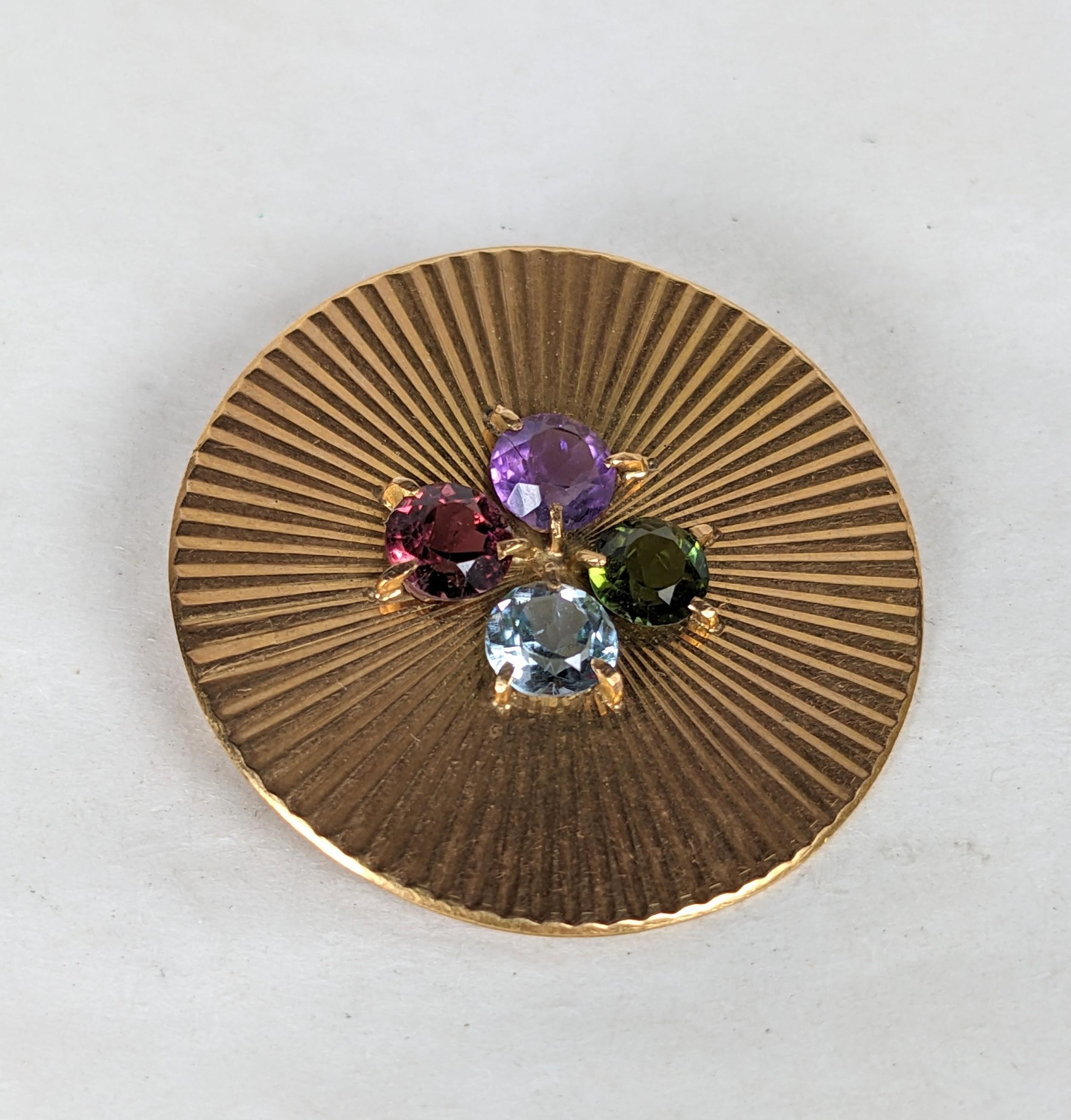 Round Cut French Ribbed Gold Circle Brooch For Sale