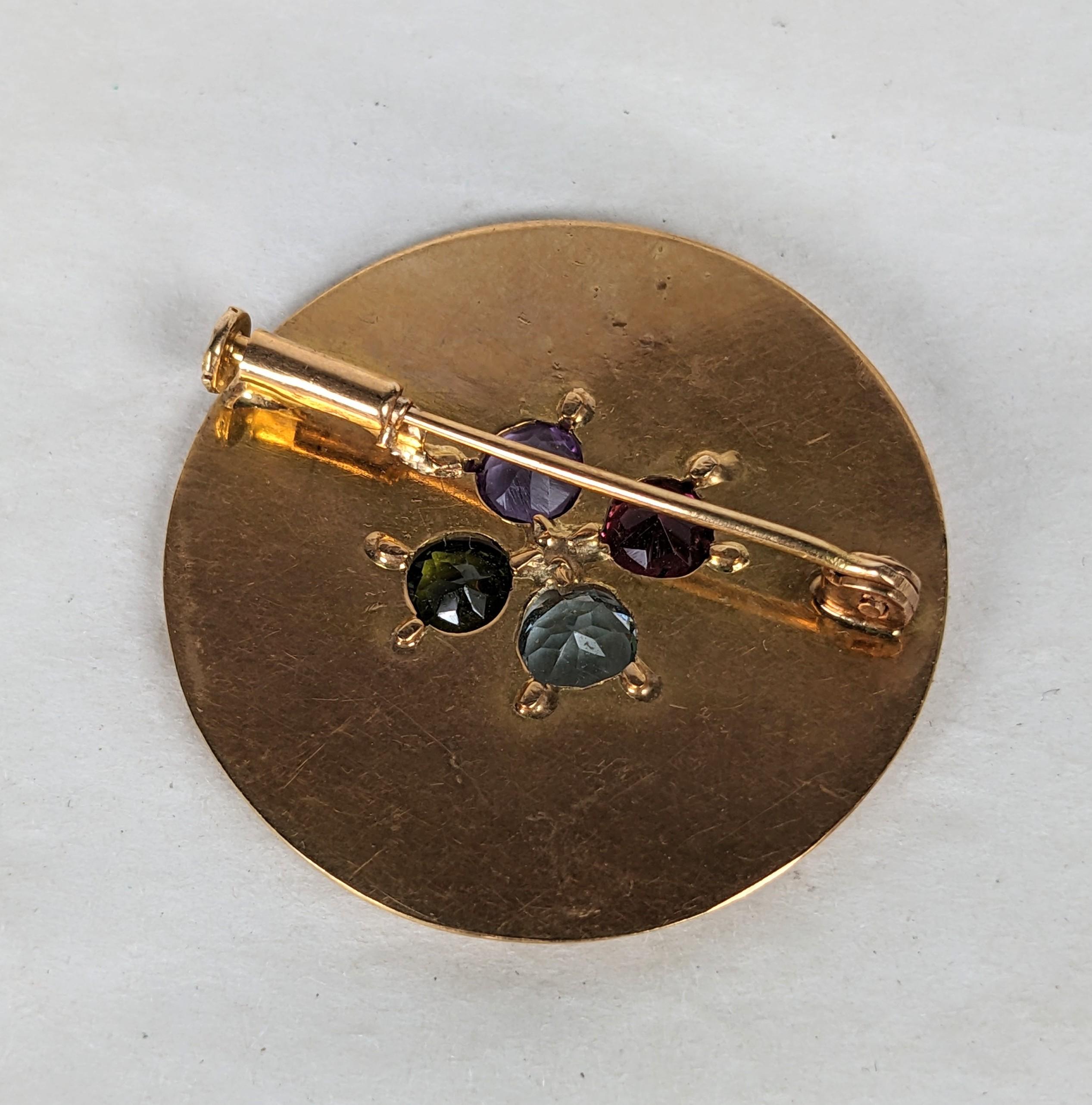 Women's French Ribbed Gold Circle Brooch For Sale