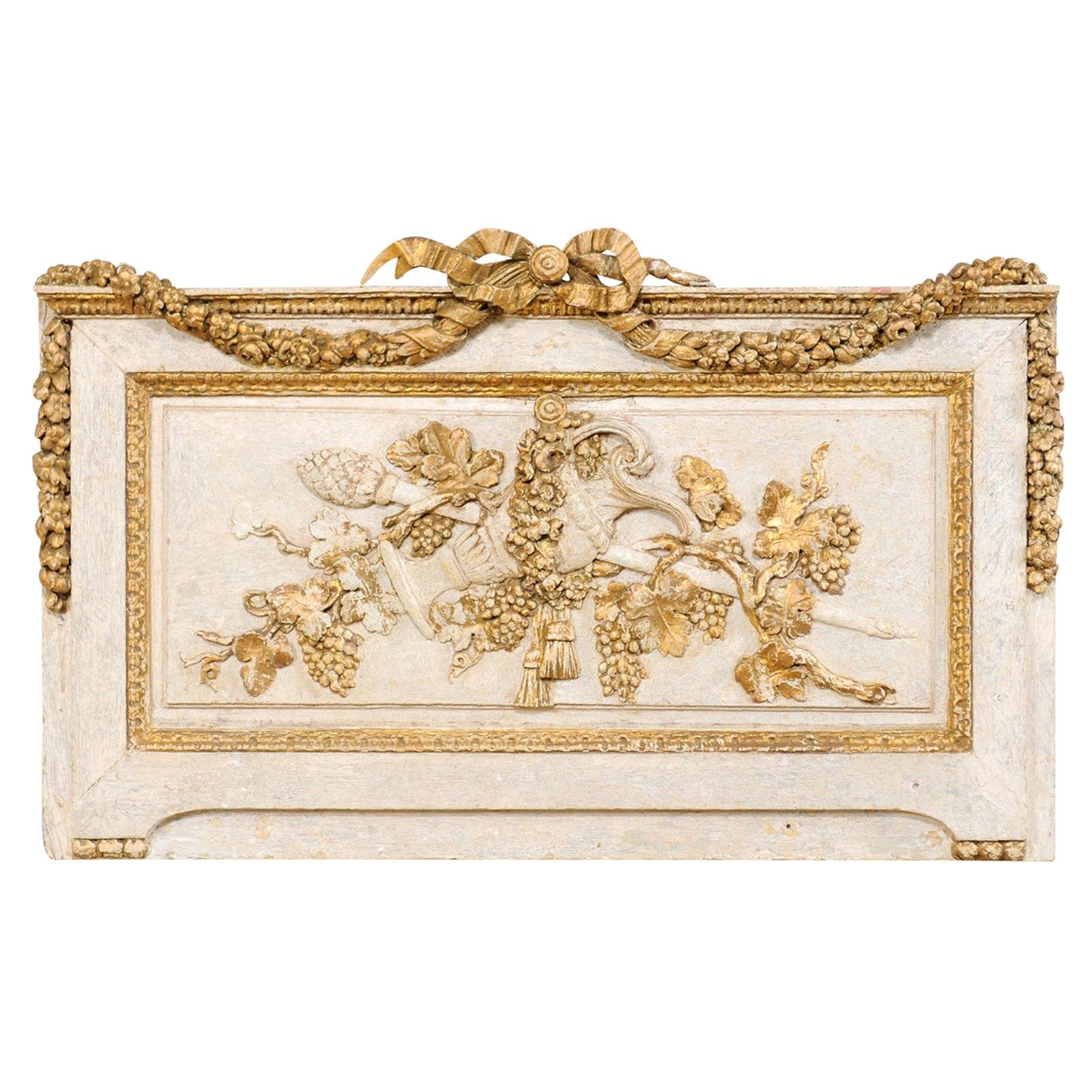 French Ribbon, Floral and Grapevine Carved Rectangular-Shaped Wall Plaque