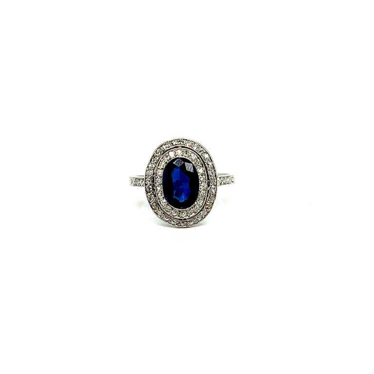 Old European Cut French Ring Blue Sapphire Platinum For Sale