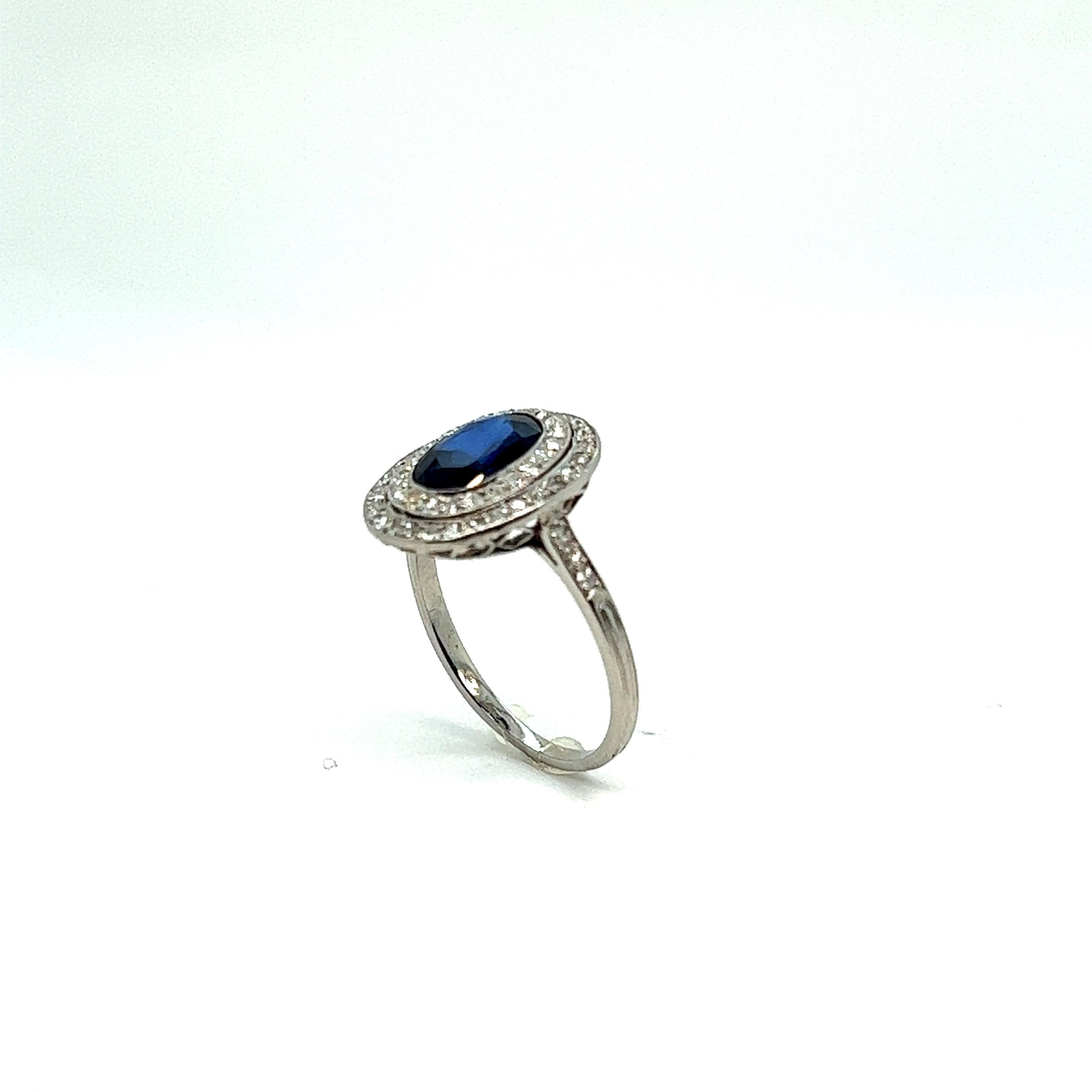 Art Deco Vintage French Engagement Oval Cluster Ring Blue Sapphire 2.5C Platinum Diamonds
