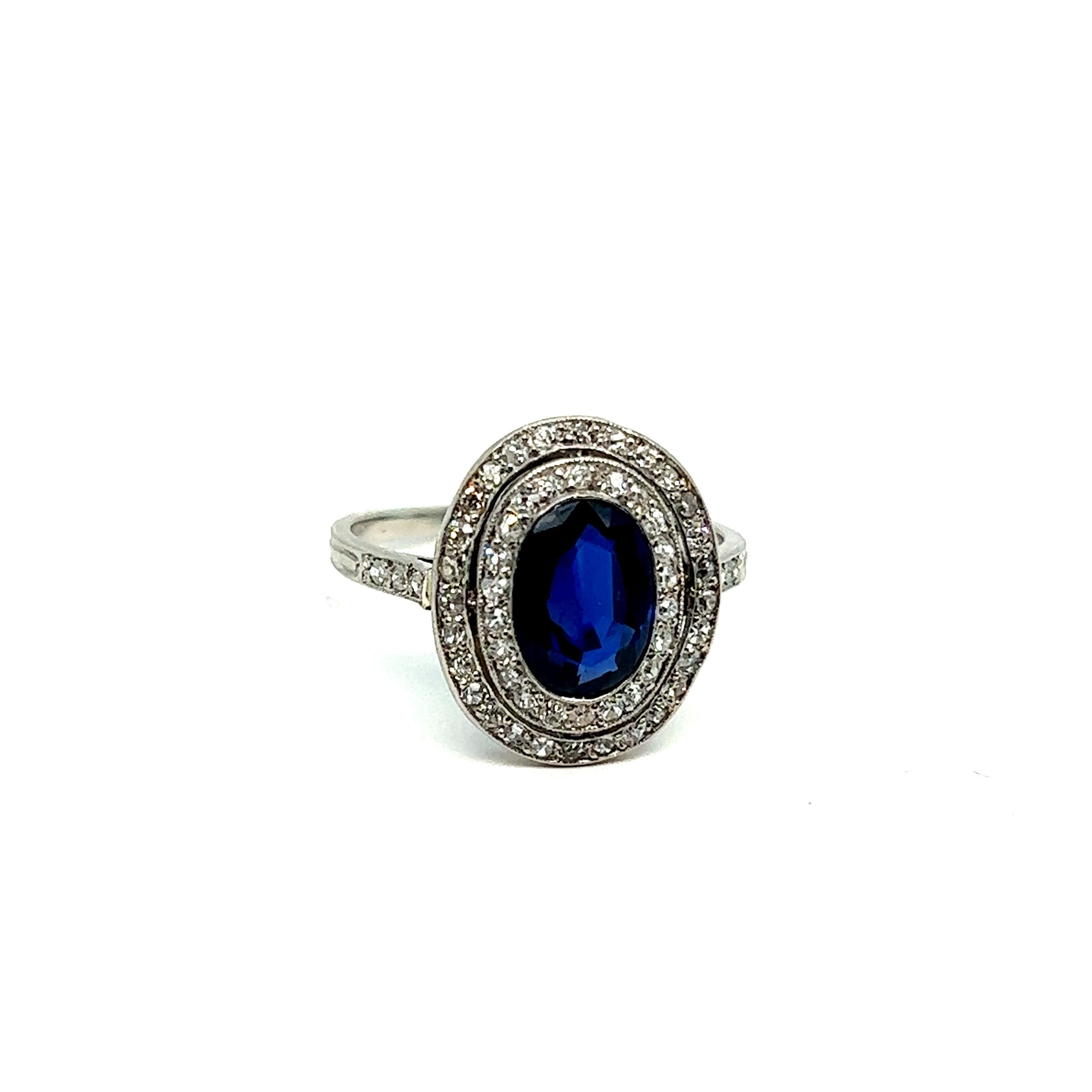 Old European Cut Vintage French Engagement Oval Cluster Ring Blue Sapphire 2.5C Platinum Diamonds