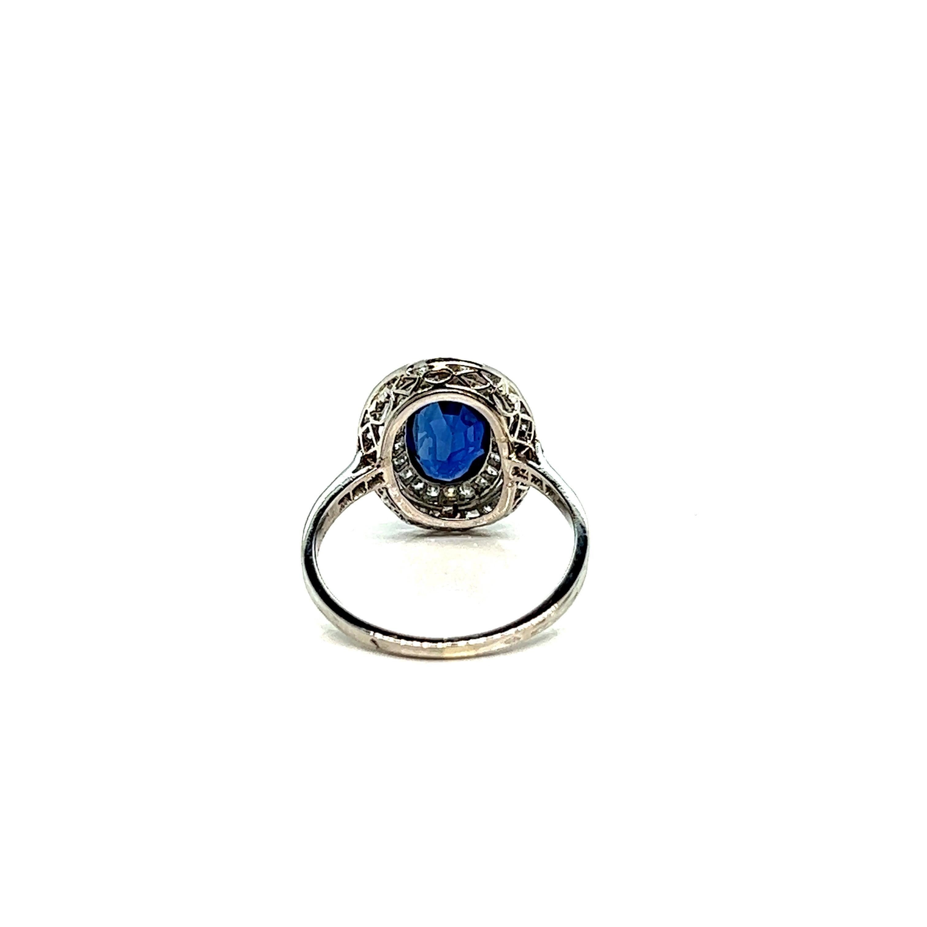 Vintage French Engagement Oval Cluster Ring Blue Sapphire 2.5C Platinum Diamonds 1