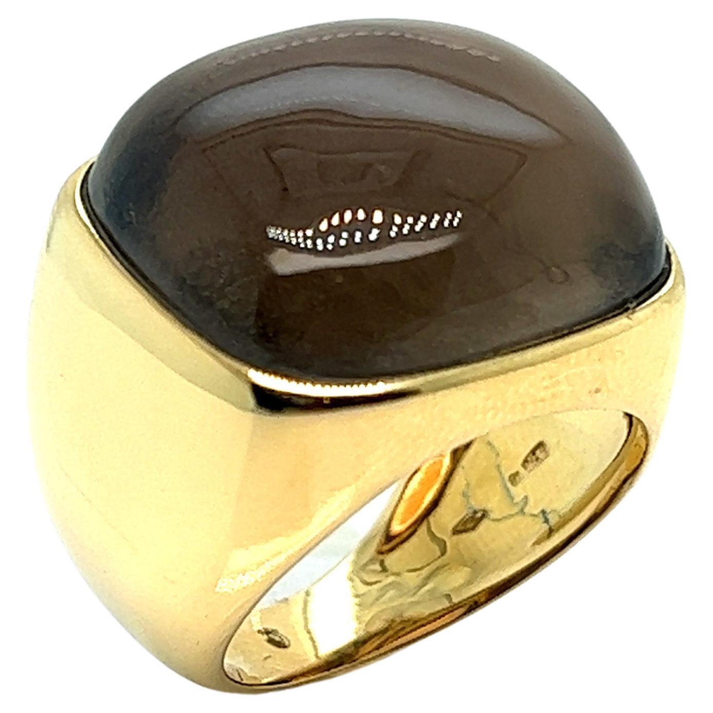 French Ring Cabochon Smoked Quartz Yellow Gold 18 Karat