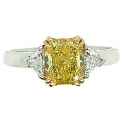 French Ring Engagement Yellow Fancy Diamond Surrounded, Two Diamond, White Gold