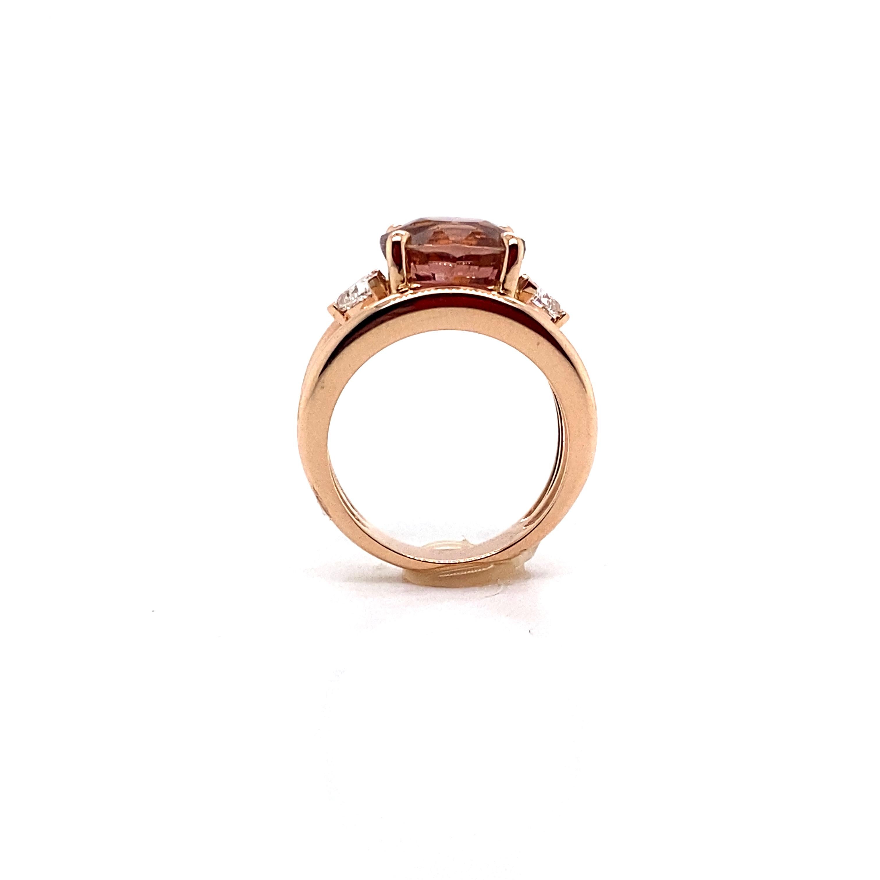 French Ring in Pink Gold Topped with a Pink Tourmaline and 2 Diamonds Troïda For Sale 1